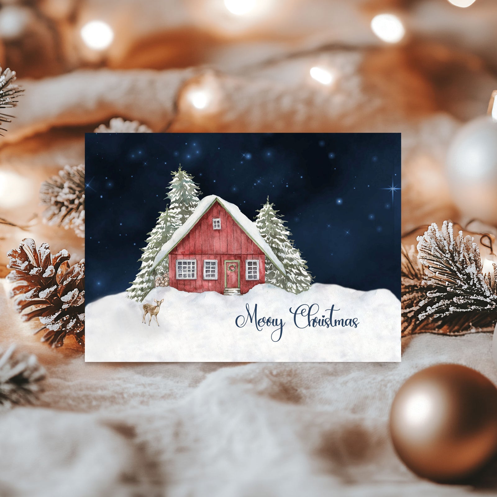 Christmas card with a red cabin in the snow, surrounded by festive decorations.