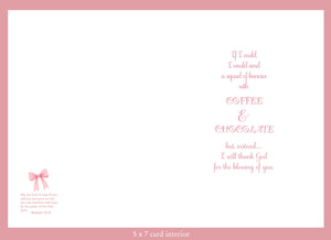 Card interior with encouraging text and a Scriptural blessing and a pink bow on a white background