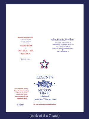 Back of a card with text and branding, featuring a star design.