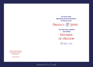 Greeting card with text 'Protect & Serve' and 'Defender of Freedom' on a white background.
