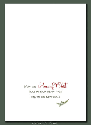 Holiday card with text 'May the Peace of Christ rule in your heart now and in the New Year' on a white background.