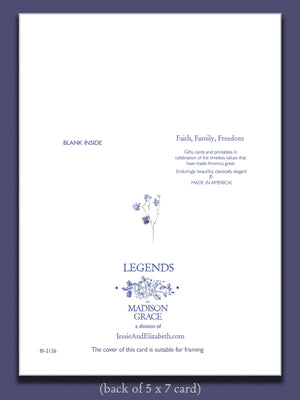 Back of a card with floral design and text for Legends by Madison Grace on a white background