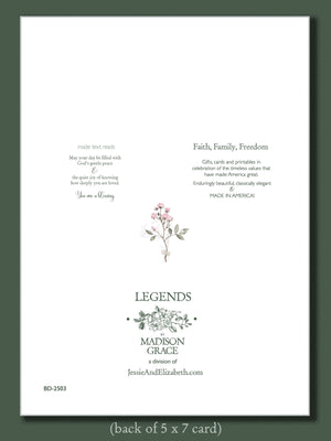 Back of a 5 x 7 card with text and floral design, featuring the brand 'Legends by Madison Grace'.
