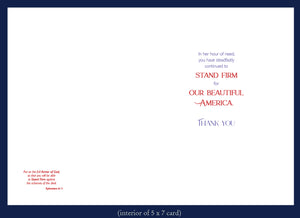 Greeting card interior with text about standing firm for America, featuring a blue border.